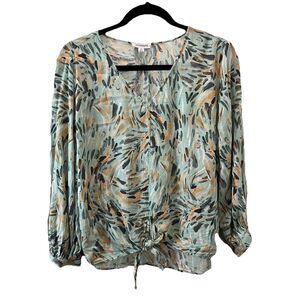 Westbound Green Teal Striped Boho Floral Leaves Long Sleeve Tie Waist Top Size M